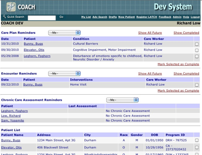 COACH Reminder and Patient List Screenshot